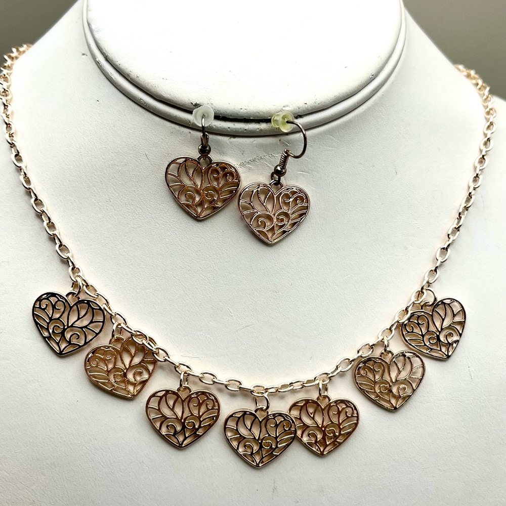 Rose Gold Heart Pendant Necklace and Earring Set